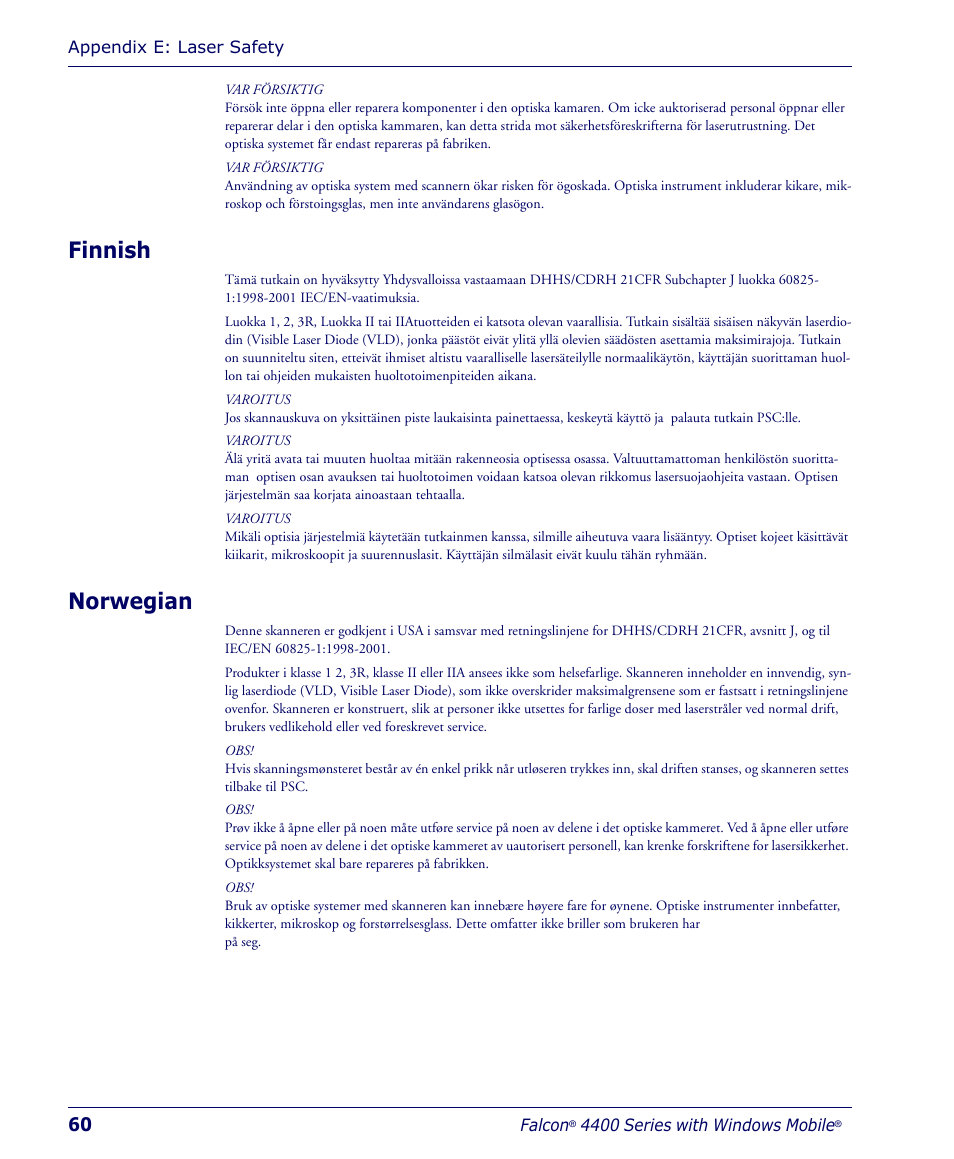 Finnish, Norwegian, Finnish norwegian | Falcon 4400 User Manual | Page 62 / 68