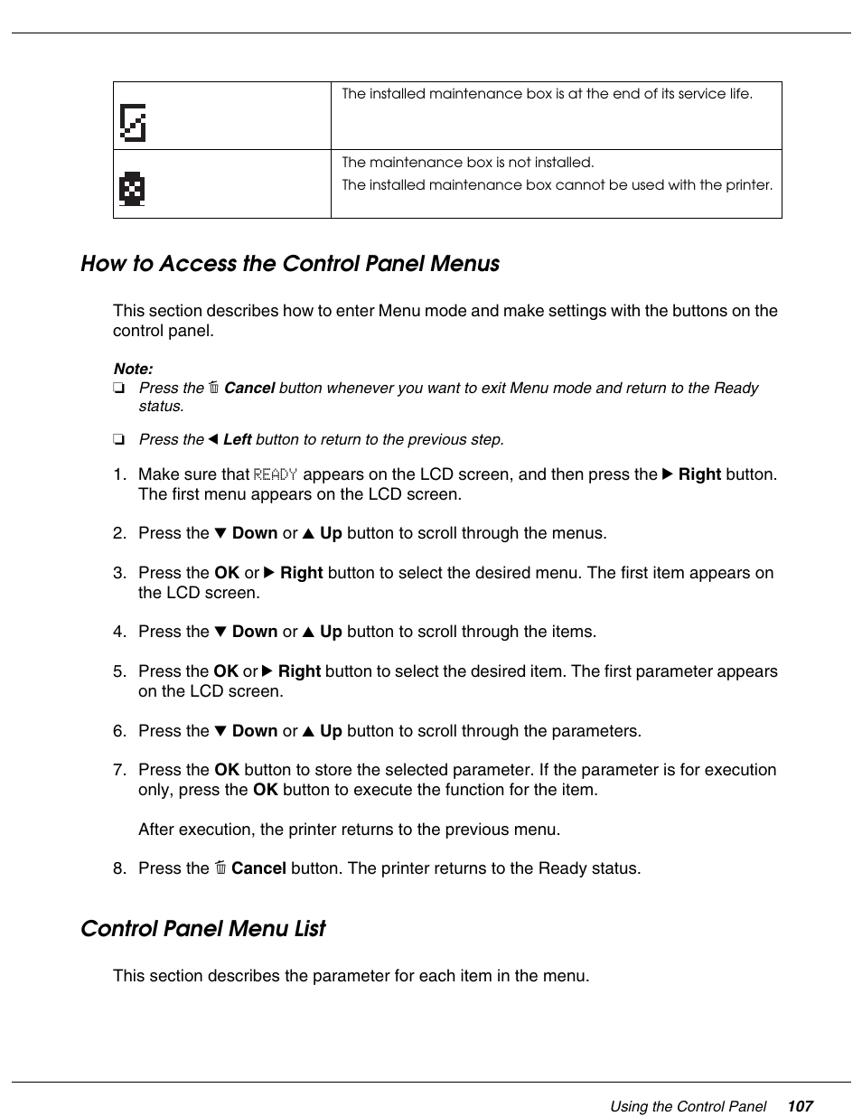 How to access the control panel menus, Control panel menu list | Falcon B-300 User Manual | Page 107 / 201