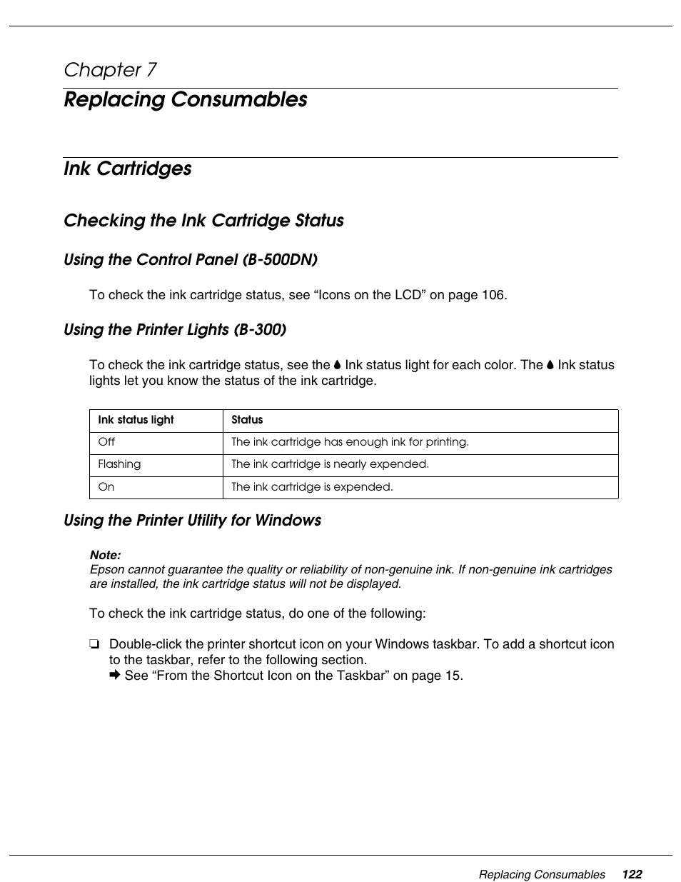 Replacing consumables, Ink cartridges, Checking the ink cartridge status | Chapter 7 replacing consumables, Chapter 7 | Falcon B-300 User Manual | Page 122 / 201