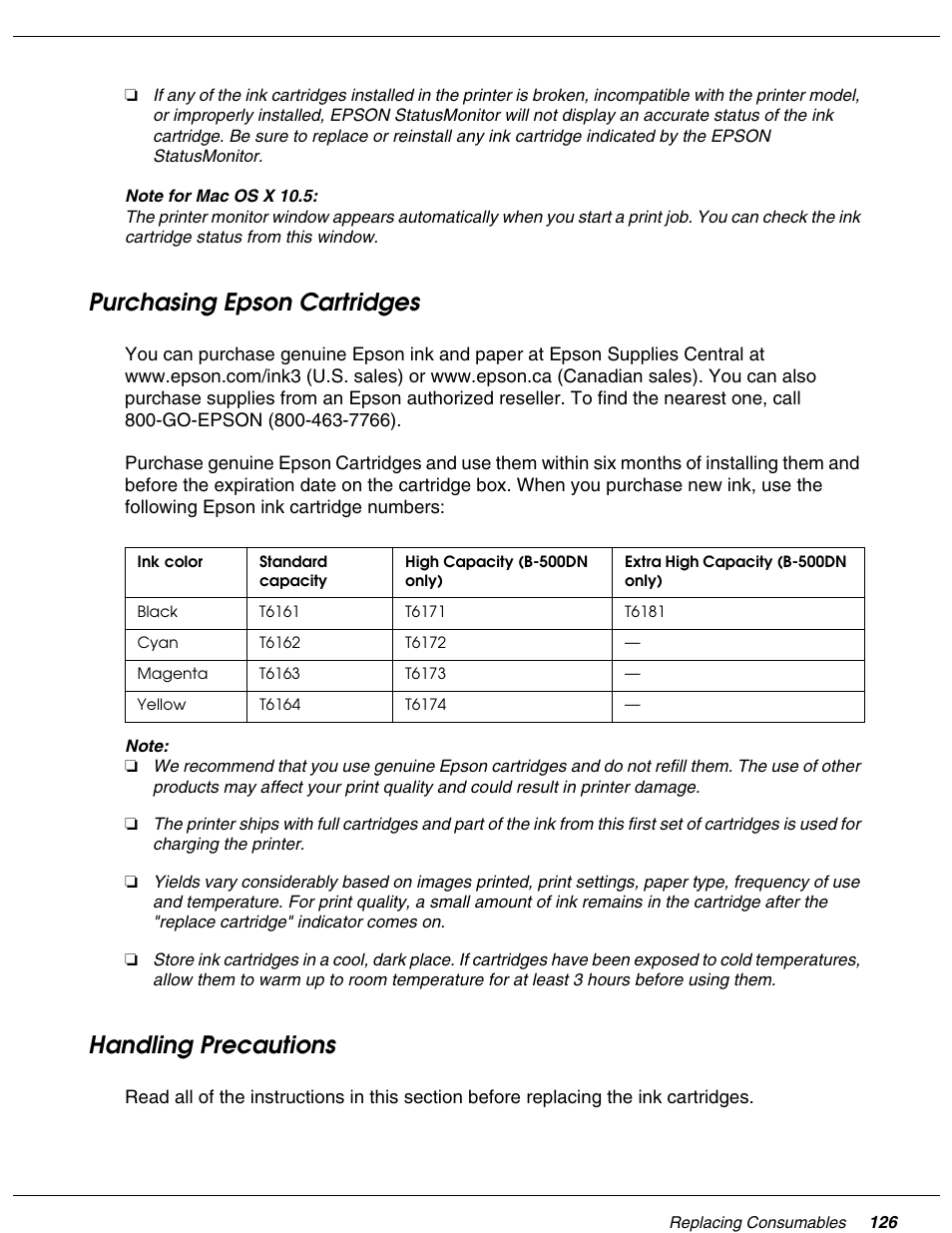 Purchasing epson cartridges, Handling precautions, Purchasing epson cartridges handling precautions | Falcon B-300 User Manual | Page 126 / 201