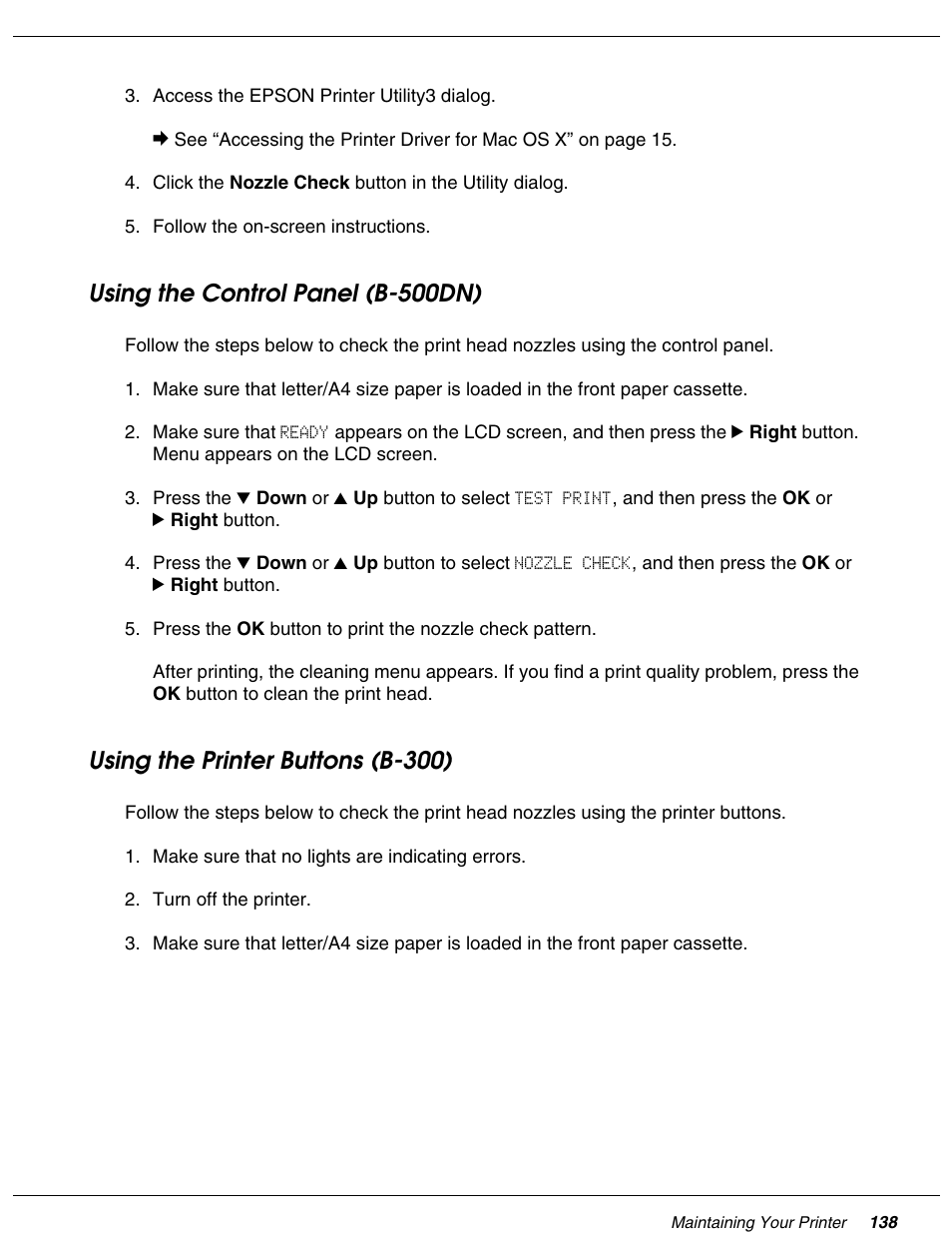 Using the control panel (b-500dn), Using the printer buttons (b-300) | Falcon B-300 User Manual | Page 138 / 201