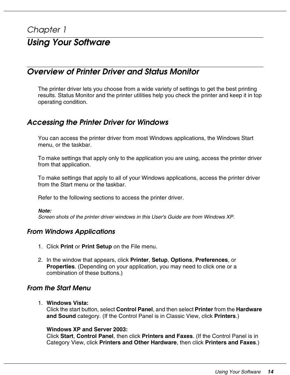 Using your software, Overview of printer driver and status monitor, Accessing the printer driver for windows | Chapter 1 using your software, Chapter 1 | Falcon B-300 User Manual | Page 14 / 201