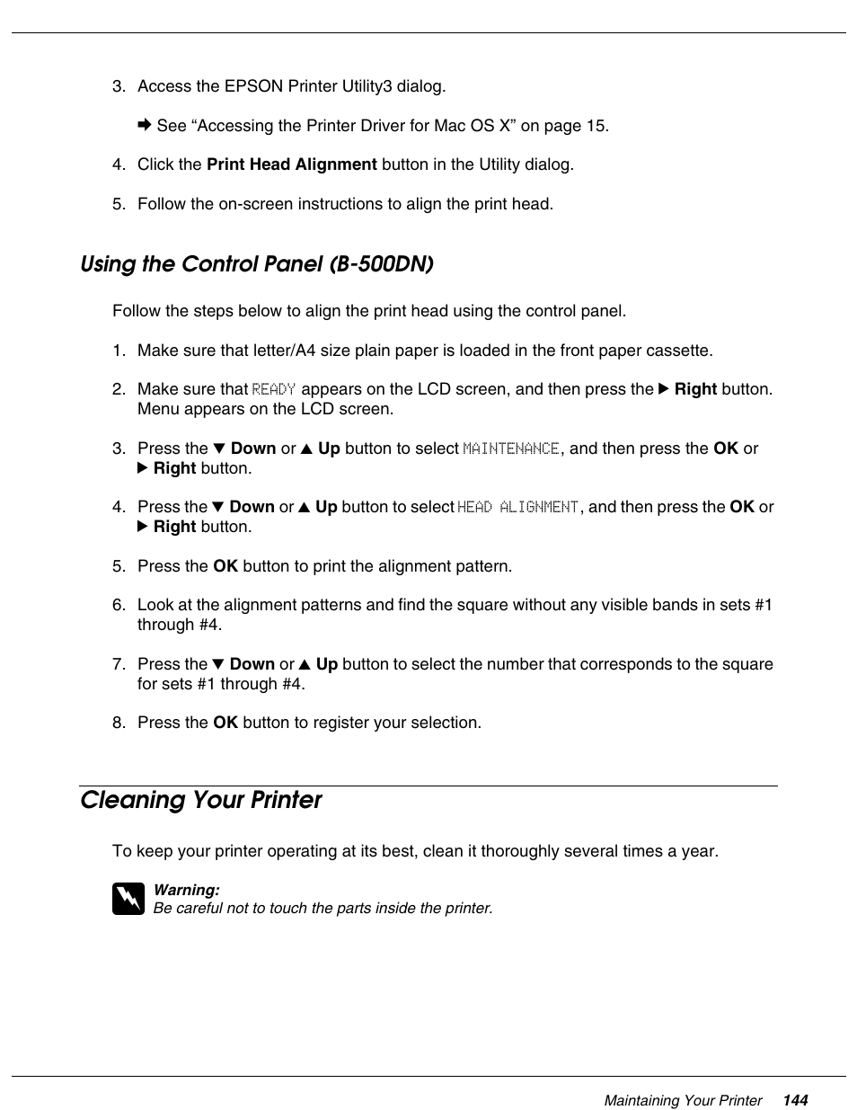 Using the control panel (b-500dn), Cleaning your printer | Falcon B-300 User Manual | Page 144 / 201