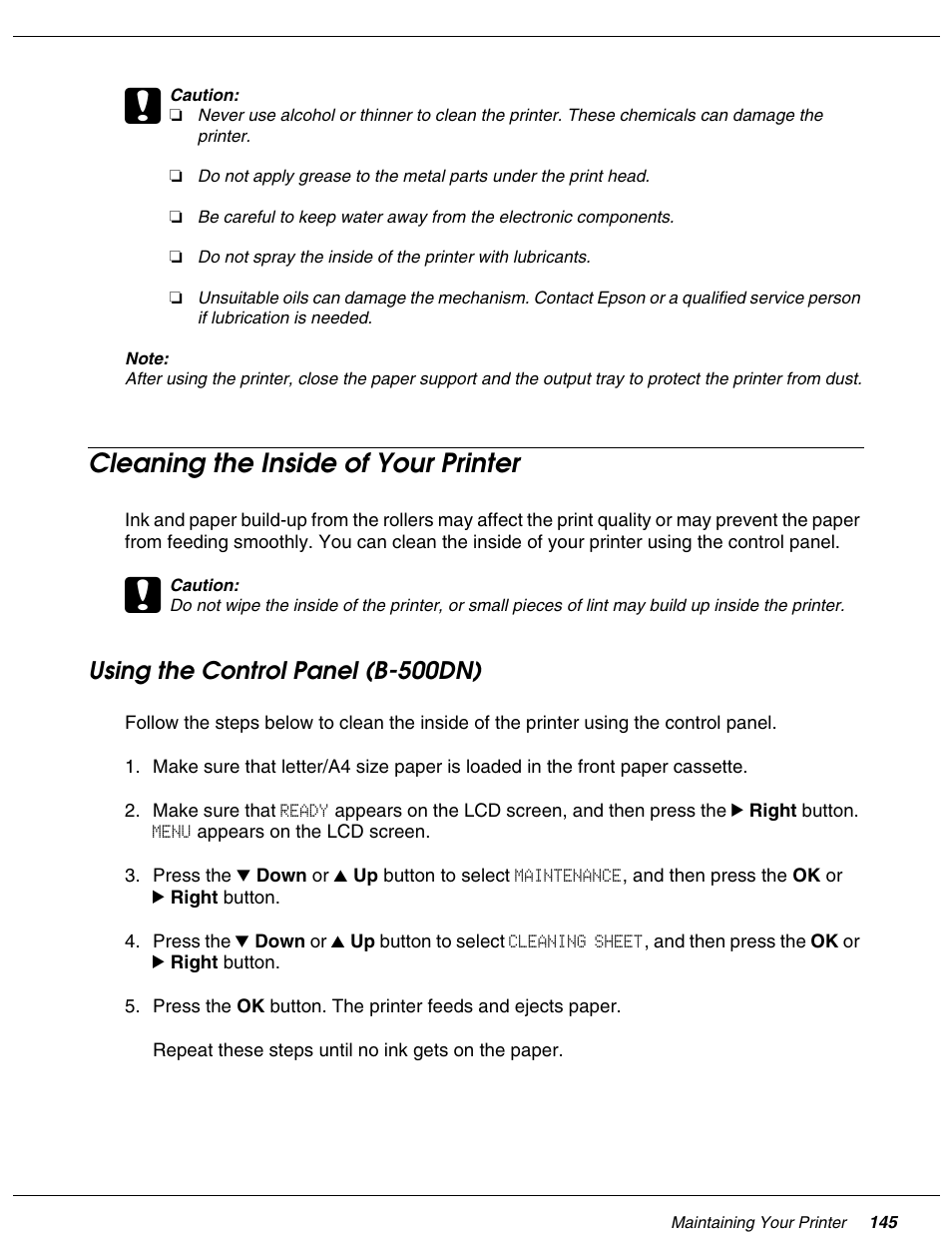 Cleaning the inside of your printer, Using the control panel (b-500dn) | Falcon B-300 User Manual | Page 145 / 201