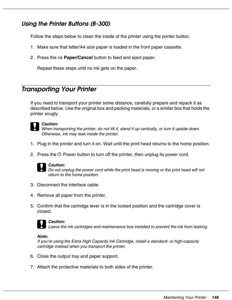 Using the printer buttons (b-300), Transporting your printer | Falcon B-300 User Manual | Page 146 / 201