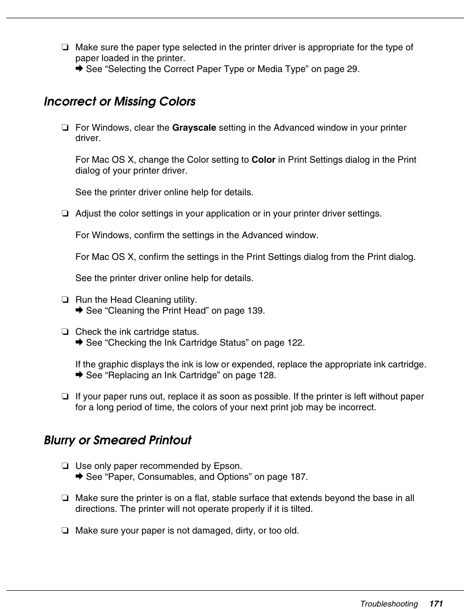 Incorrect or missing colors, Blurry or smeared printout, Incorrect or missing colors” on | Blurry or smeared printout” on | Falcon B-300 User Manual | Page 171 / 201