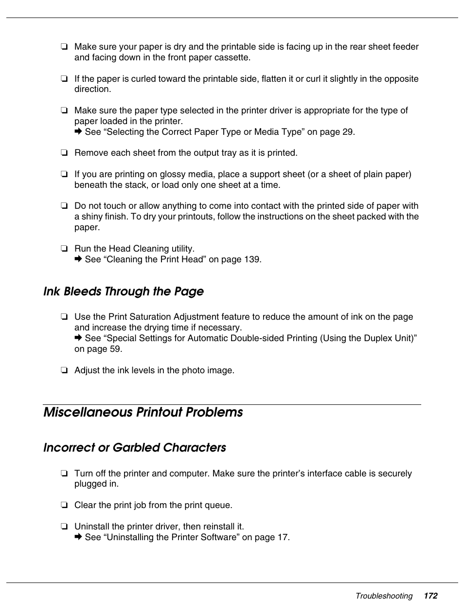 Miscellaneous printout problems, Incorrect or garbled characters, Ink bleeds through the page | Falcon B-300 User Manual | Page 172 / 201