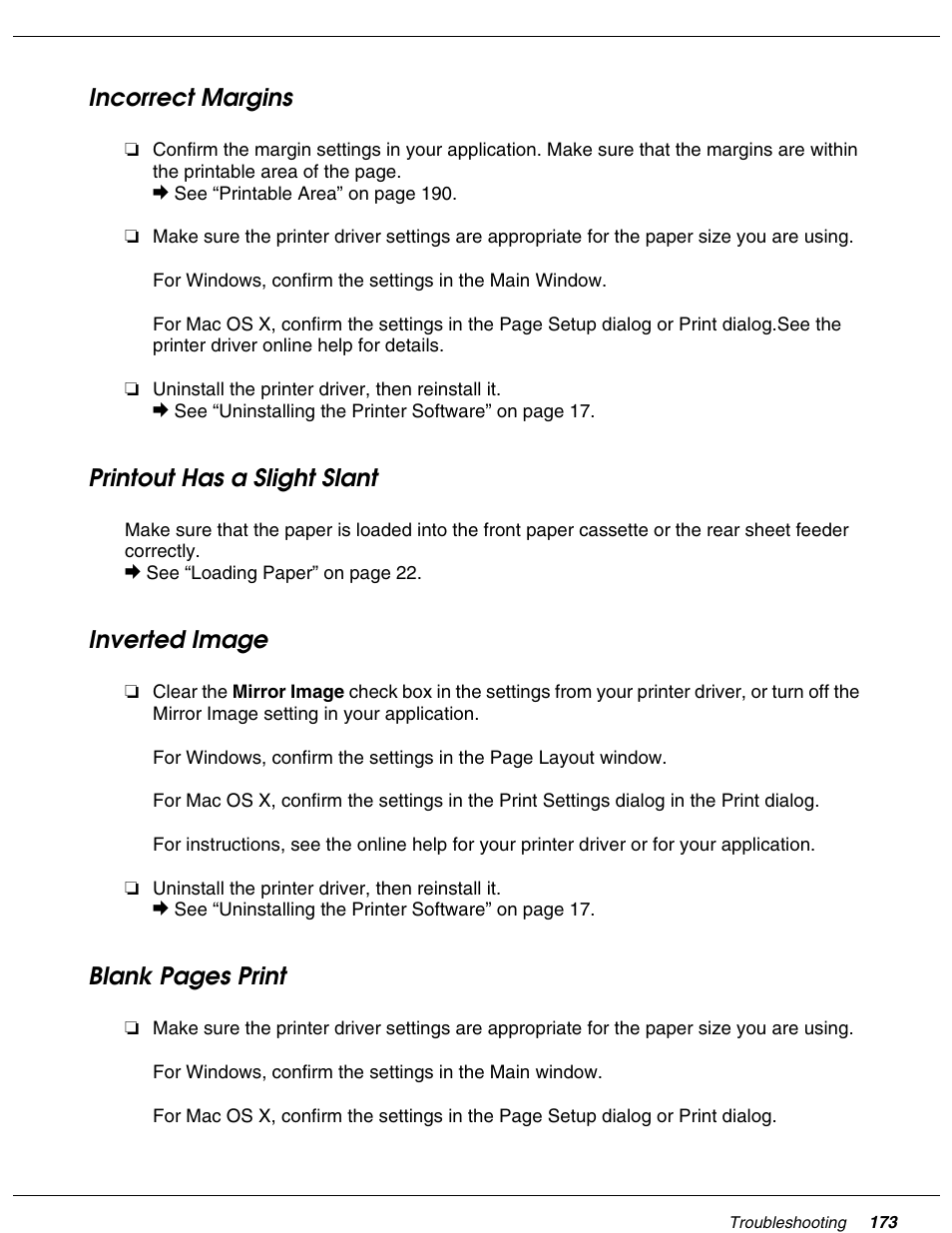 Incorrect margins, Printout has a slight slant, Inverted image | Blank pages print | Falcon B-300 User Manual | Page 173 / 201