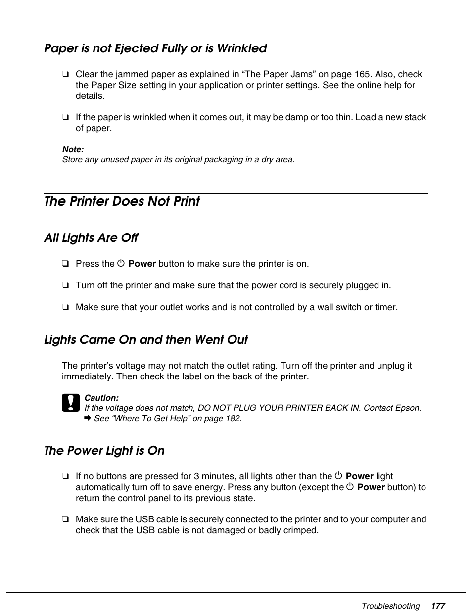 Paper is not ejected fully or is wrinkled, The printer does not print, All lights are off | Lights came on and then went out, The power light is on | Falcon B-300 User Manual | Page 177 / 201