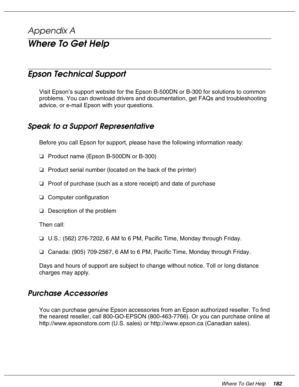 Where to get help, Epson technical support, Speak to a support representative | Purchase accessories, Appendix a where to get help, See “where to get help” on, Appendix a | Falcon B-300 User Manual | Page 182 / 201