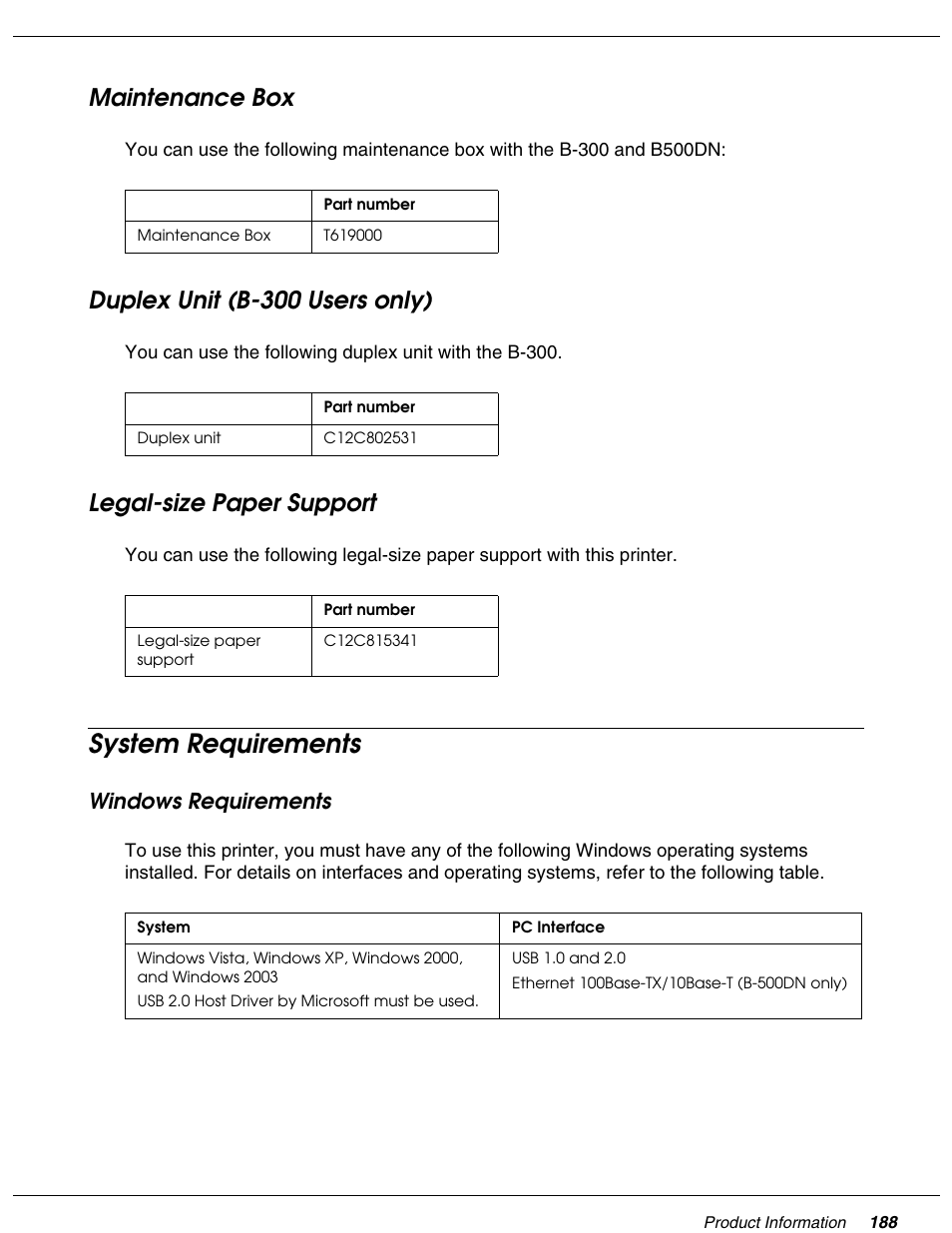 Maintenance box, Duplex unit (b-300 users only), Legal-size paper support | System requirements, Windows requirements | Falcon B-300 User Manual | Page 188 / 201