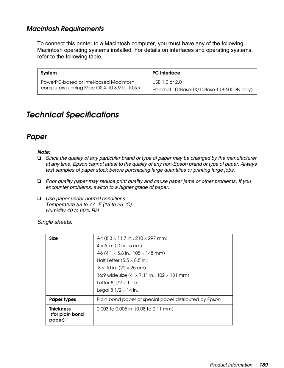 Technical specifications, Paper, Macintosh requirements | Falcon B-300 User Manual | Page 189 / 201