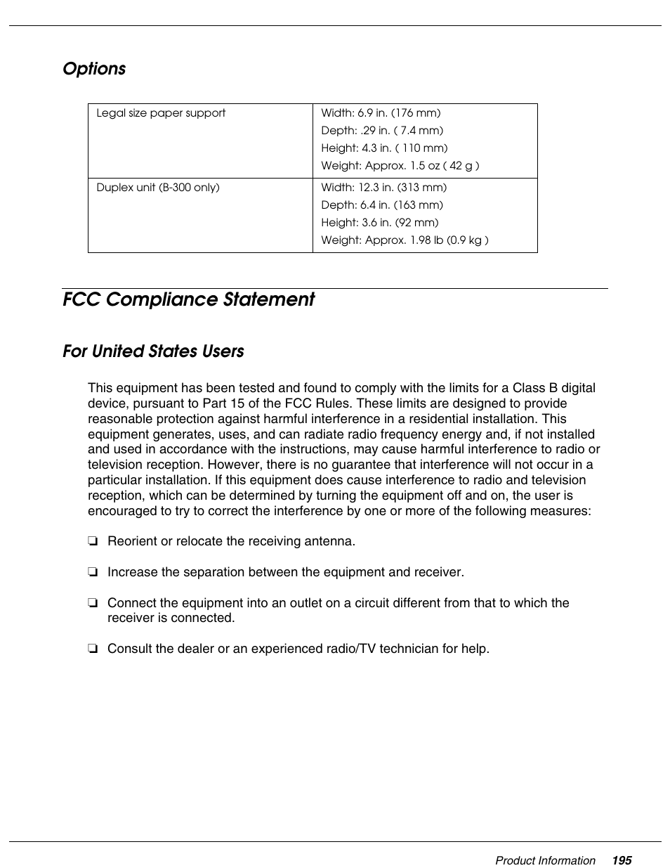 Options, Fcc compliance statement, For united states users | Falcon B-300 User Manual | Page 195 / 201
