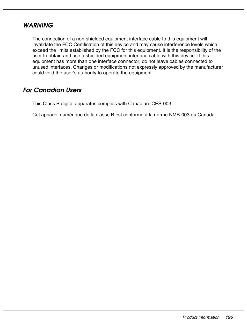 Warning, For canadian users, Warning for canadian users | Falcon B-300 User Manual | Page 196 / 201