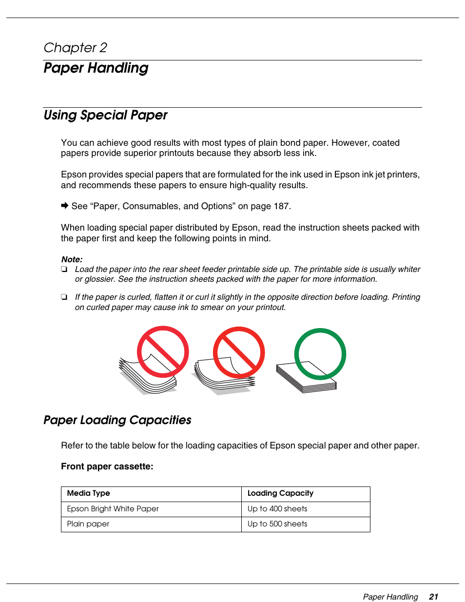 Paper handling, Using special paper, Paper loading capacities | Chapter 2 paper handling, Chapter 2 | Falcon B-300 User Manual | Page 21 / 201