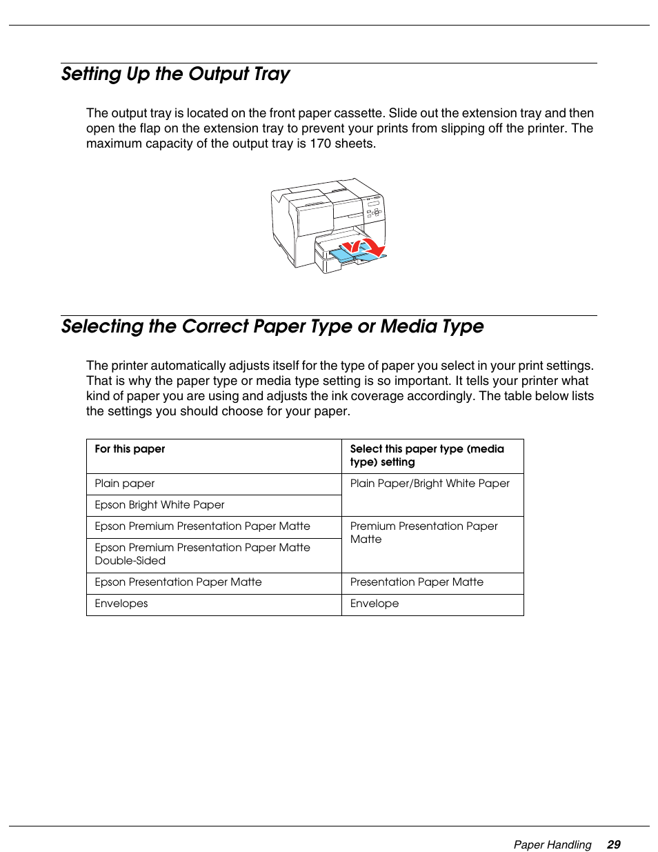 Setting up the output tray, Selecting the correct paper type or media type | Falcon B-300 User Manual | Page 29 / 201