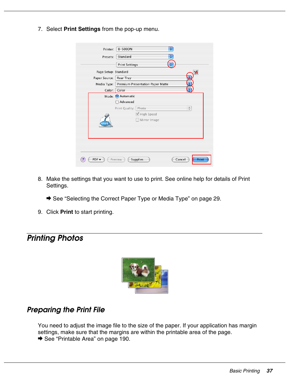 Printing photos, Preparing the print file | Falcon B-300 User Manual | Page 37 / 201