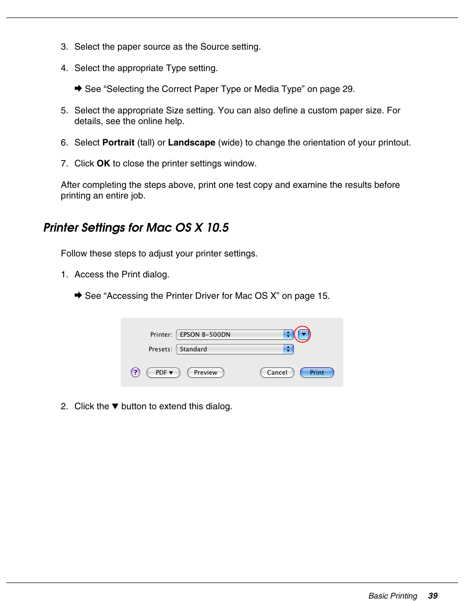 Printer settings for mac os x 10.5 | Falcon B-300 User Manual | Page 39 / 201
