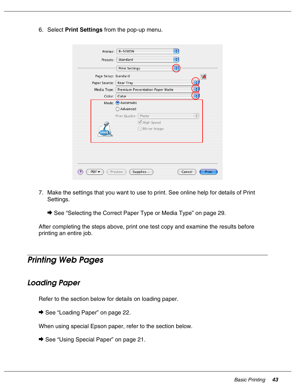 Loading paper, Printing web pages | Falcon B-300 User Manual | Page 43 / 201