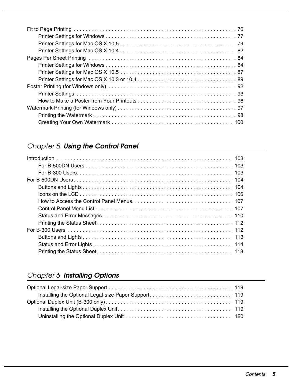 Chapter 5 using the control panel, Chapter 6 installing options | Falcon B-300 User Manual | Page 5 / 201