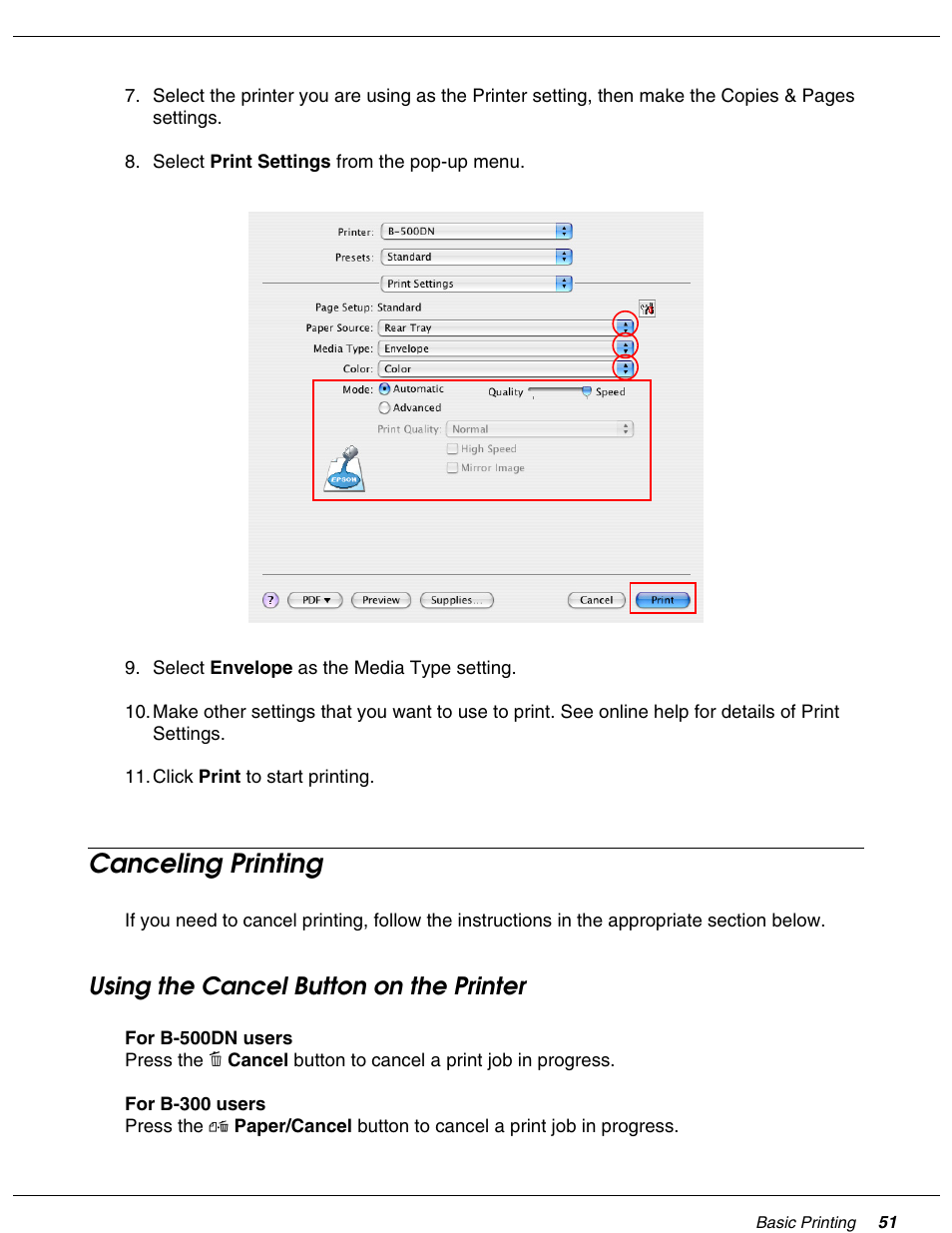 Canceling printing, Using the cancel button on the printer | Falcon B-300 User Manual | Page 51 / 201