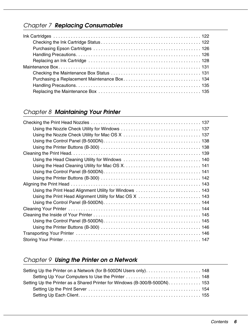 Chapter 7 replacing consumables, Chapter 8 maintaining your printer, Chapter 9 using the printer on a network | Falcon B-300 User Manual | Page 6 / 201
