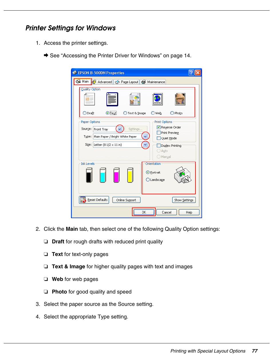 Printer settings for windows | Falcon B-300 User Manual | Page 77 / 201