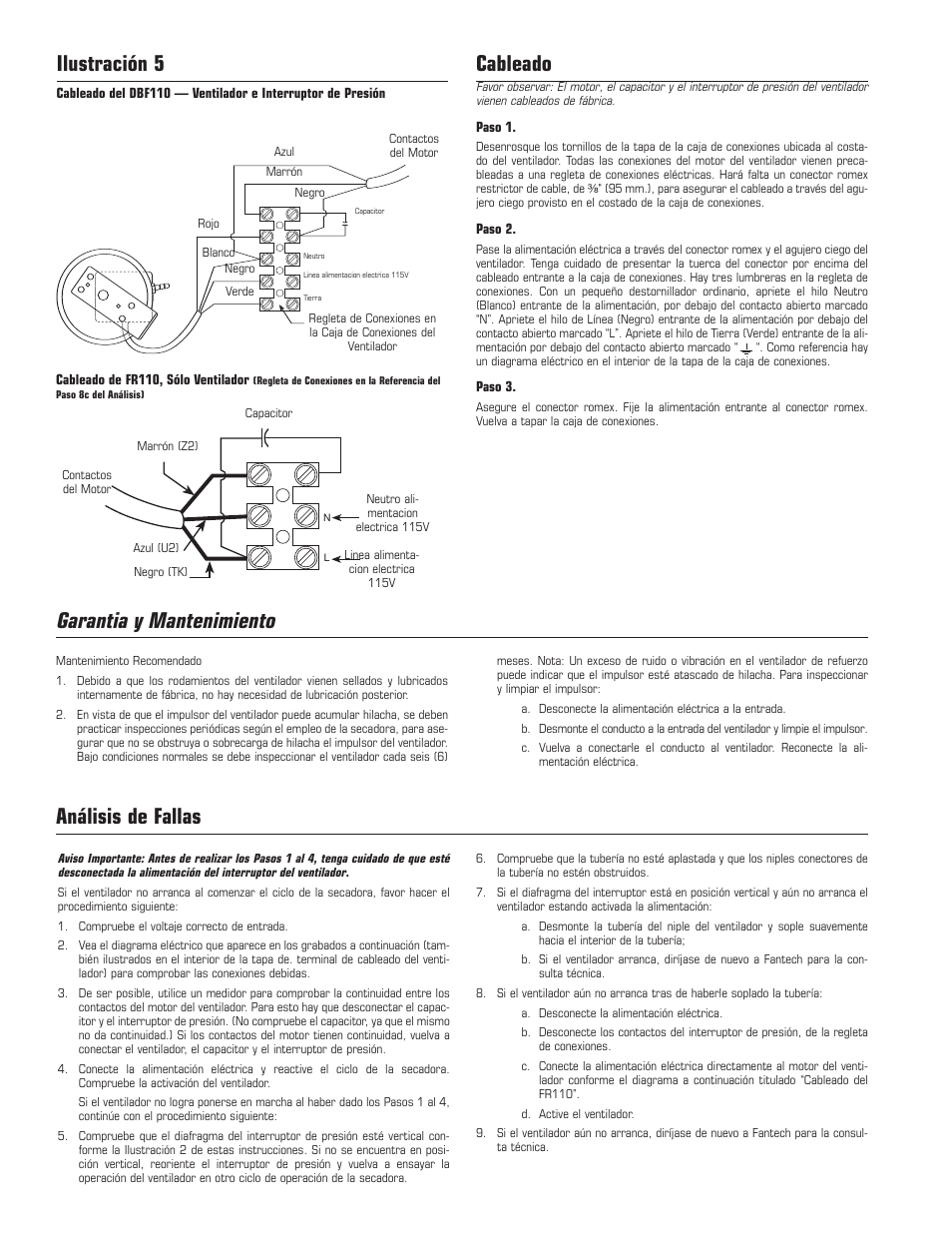 Garantia y mantenimiento, Cableado, Ilustración 5 | Análisis de fallas | Fantech DBF110 User Manual | Page 10 / 12