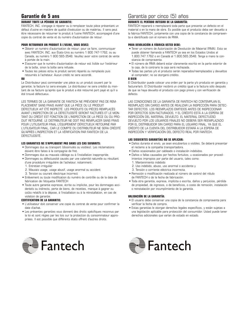 Garantie de 5 ans, Garantía por cinco (5) años | Fantech DBF110 User Manual | Page 11 / 12