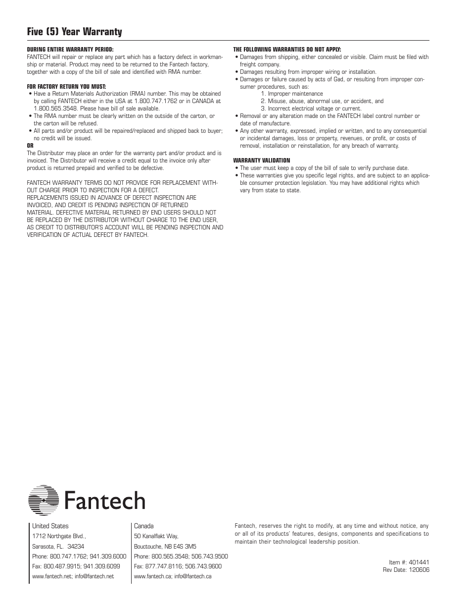 Five (5) year warranty | Fantech DBF110 User Manual | Page 12 / 12