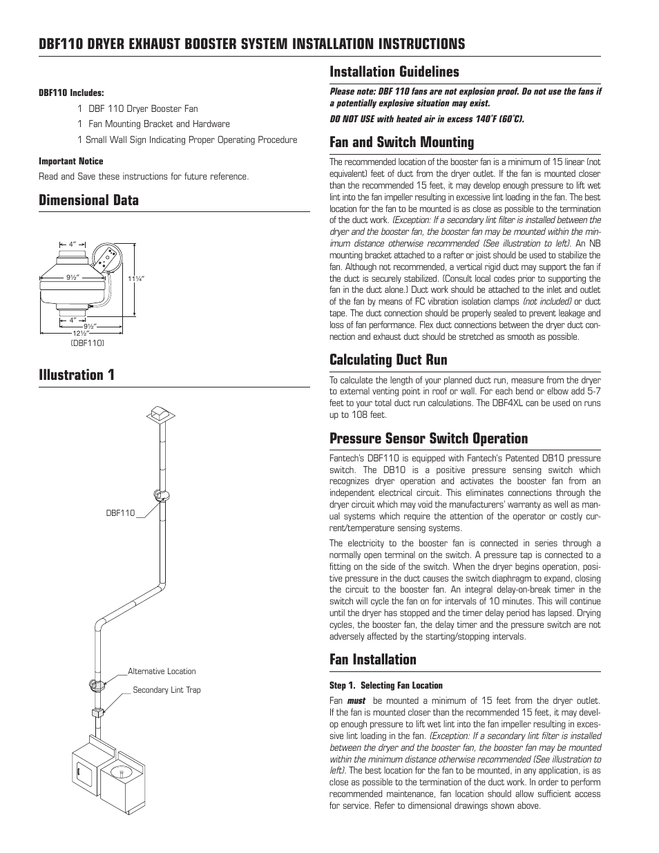 Dimensional data, Illustration 1, Installation guidelines | Fan and switch mounting, Calculating duct run, Pressure sensor switch operation, Fan installation | Fantech DBF110 User Manual | Page 2 / 12