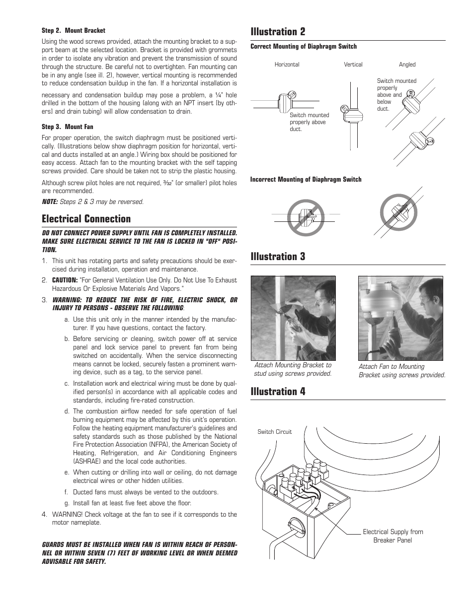 Illustration 2, Illustration 3 illustration 4, Electrical connection | Fantech DBF110 User Manual | Page 3 / 12