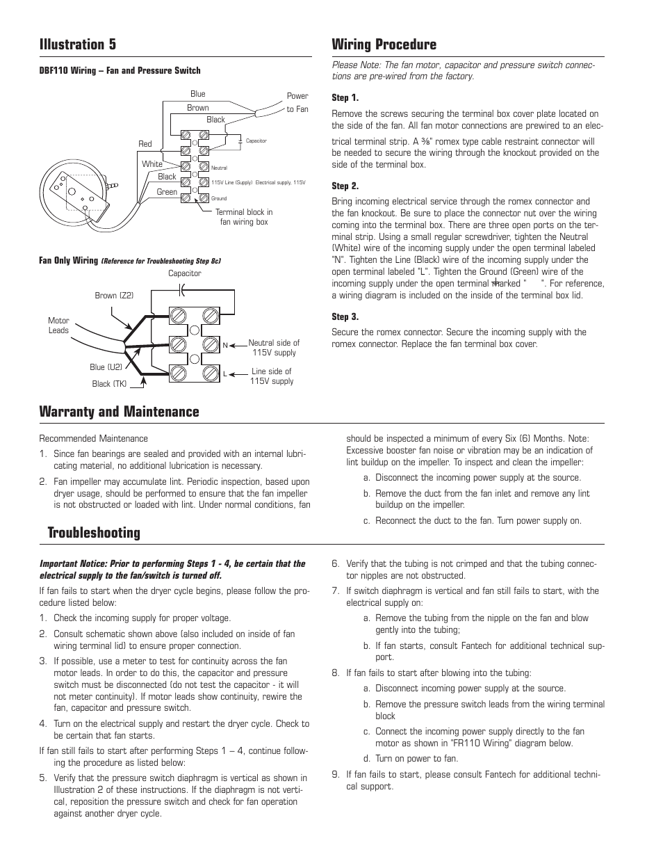 Wiring procedure, Illustration 5, Warranty and maintenance | Troubleshooting | Fantech DBF110 User Manual | Page 4 / 12