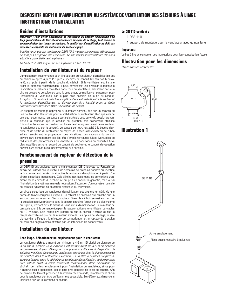 Guides d’installations, Installation du ventilateur et du rupteur, Installation du ventilateur | Illustration pour les dimensions, Illustration 1 | Fantech DBF110 User Manual | Page 5 / 12