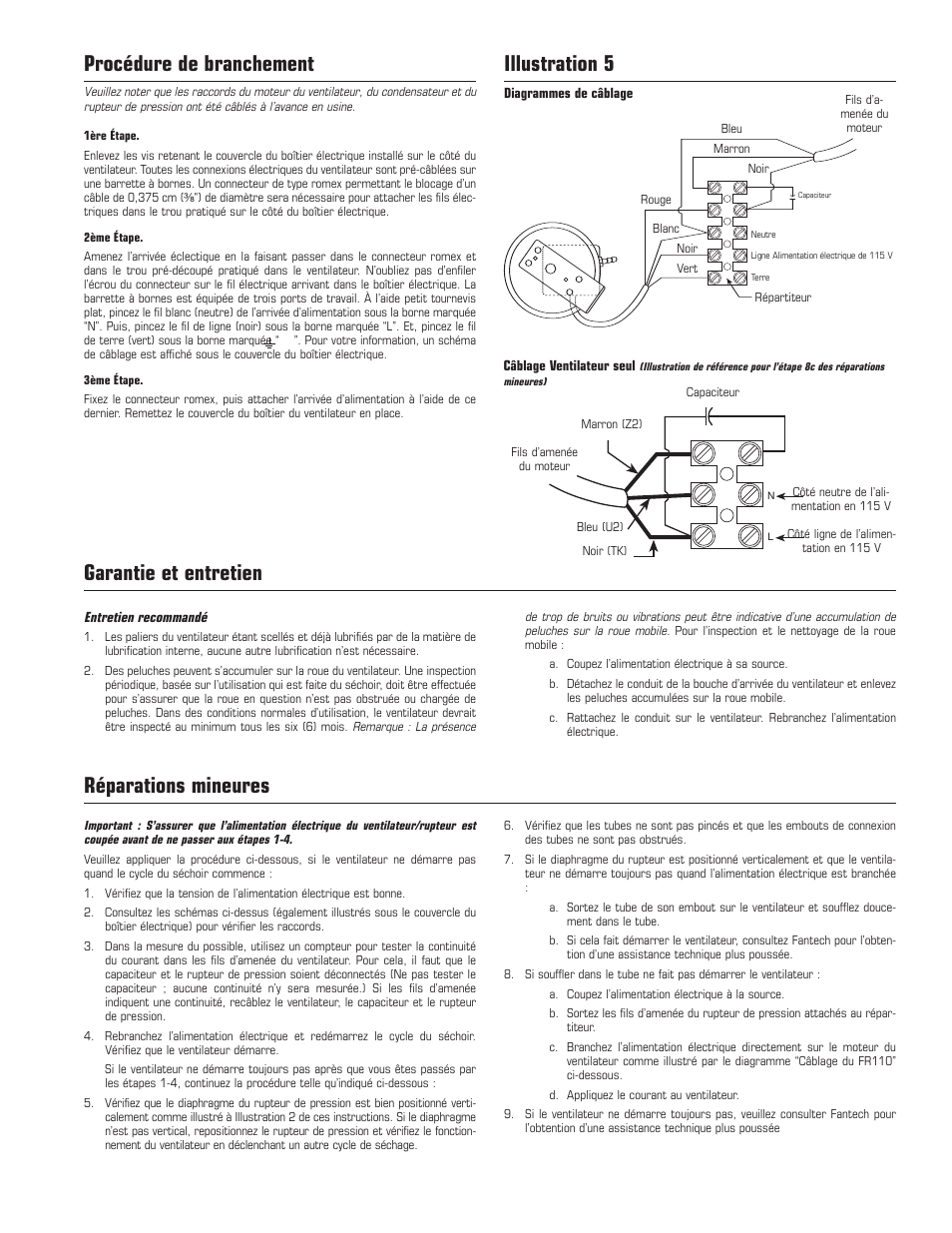 Procédure de branchement, Illustration 5, Réparations mineures | Garantie et entretien | Fantech DBF110 User Manual | Page 7 / 12