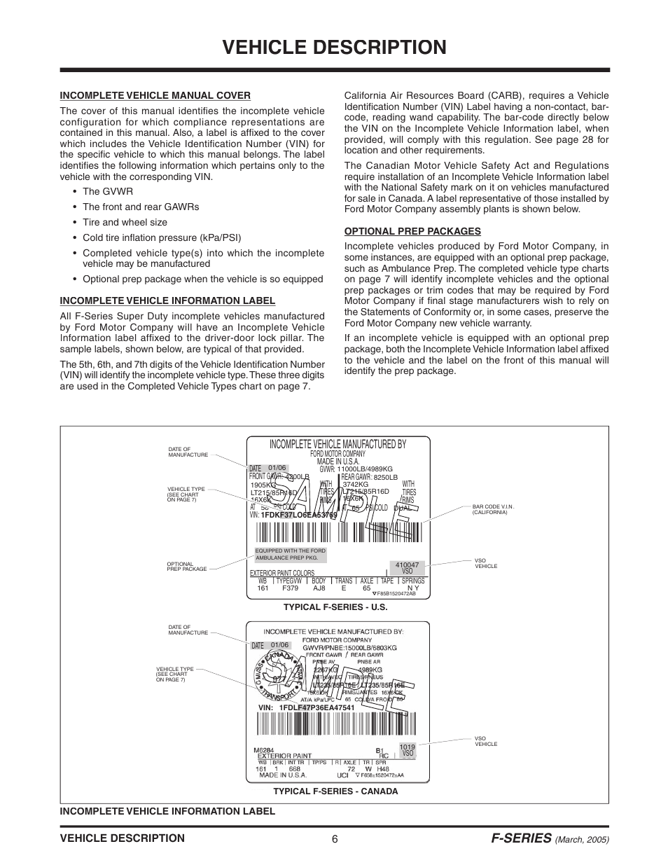 Vehicle description, F-series, Incomplete vehicle manufactured by | FORD SUPER DUTY F-SERIES 6C34-19A268-BA User Manual | Page 8 / 32