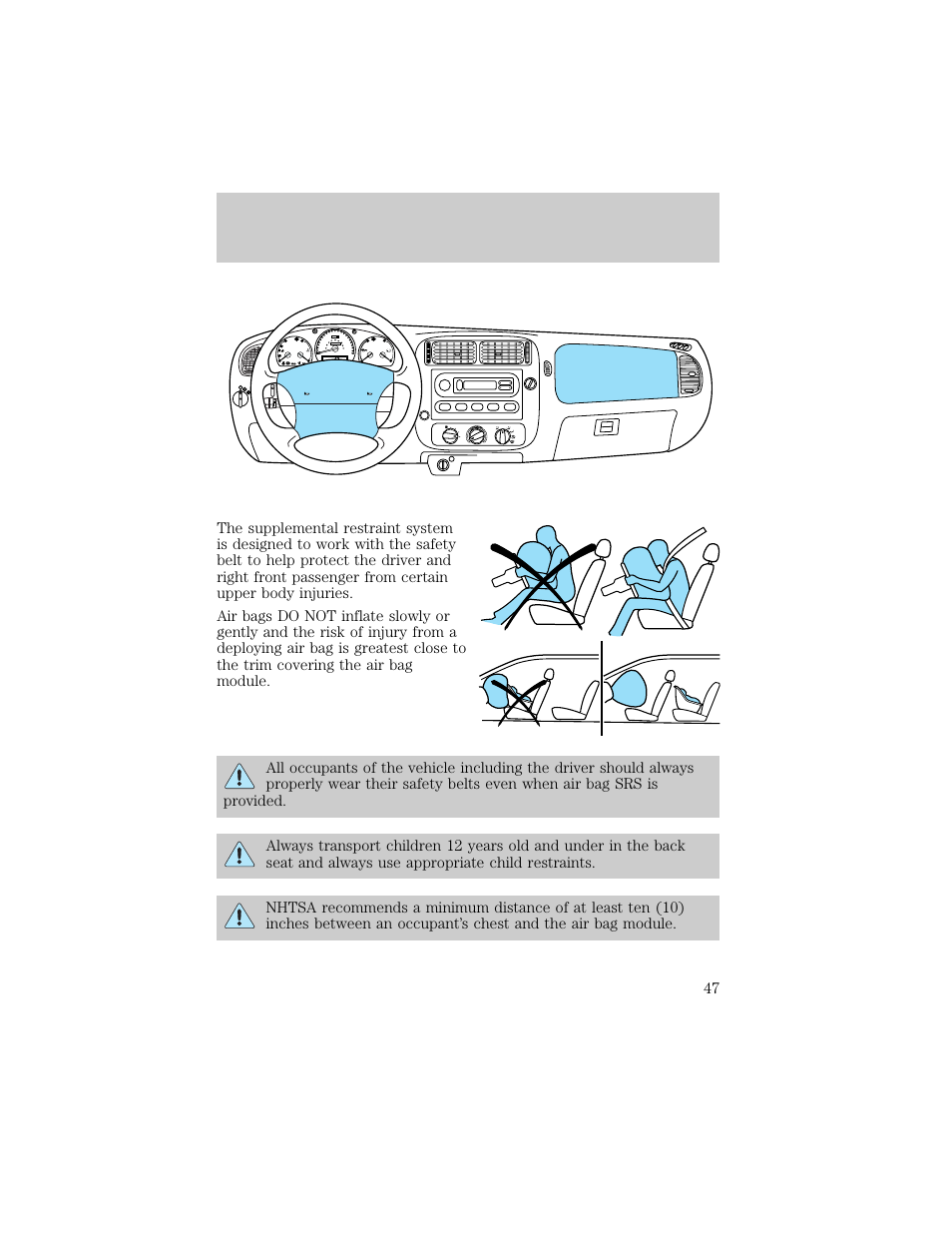 Seating and safety restraints, Abs check engine, P brake | Speed cont o/d off, Am-fm | FORD 1998 Ranger User Manual | Page 47 / 160