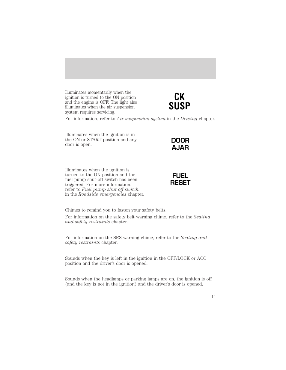 Ck susp, Door ajar fuel reset | FORD 1999 F-150 User Manual | Page 11 / 232