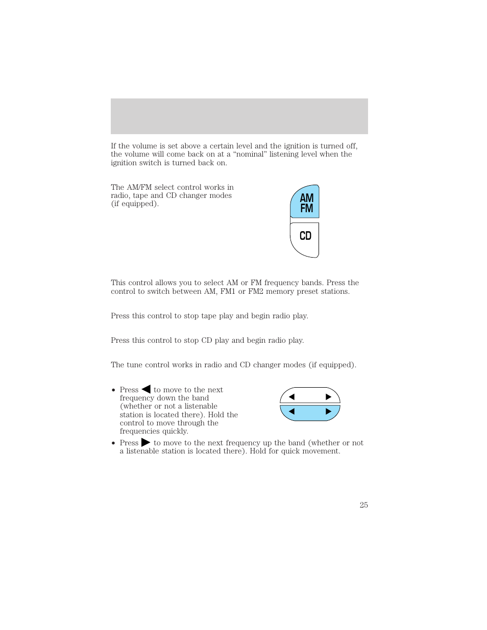 Cd am fm, Controls and features | FORD 1999 F-150 User Manual | Page 25 / 232
