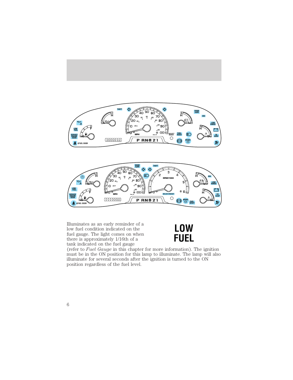 Low fuel, Instrumentation | FORD 1999 F-150 User Manual | Page 6 / 232