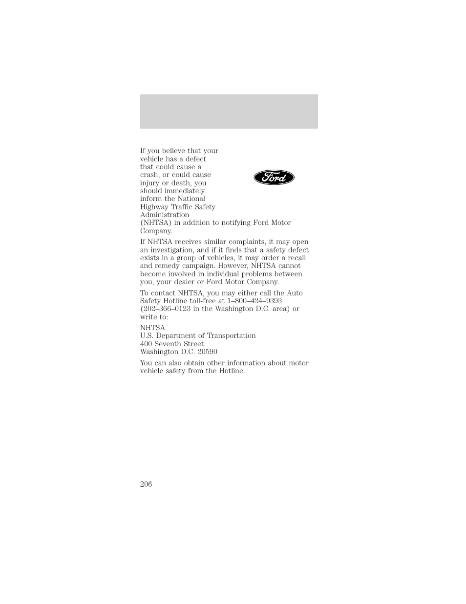 Reporting safety defects | FORD 1999 Mustang User Manual | Page 206 / 216