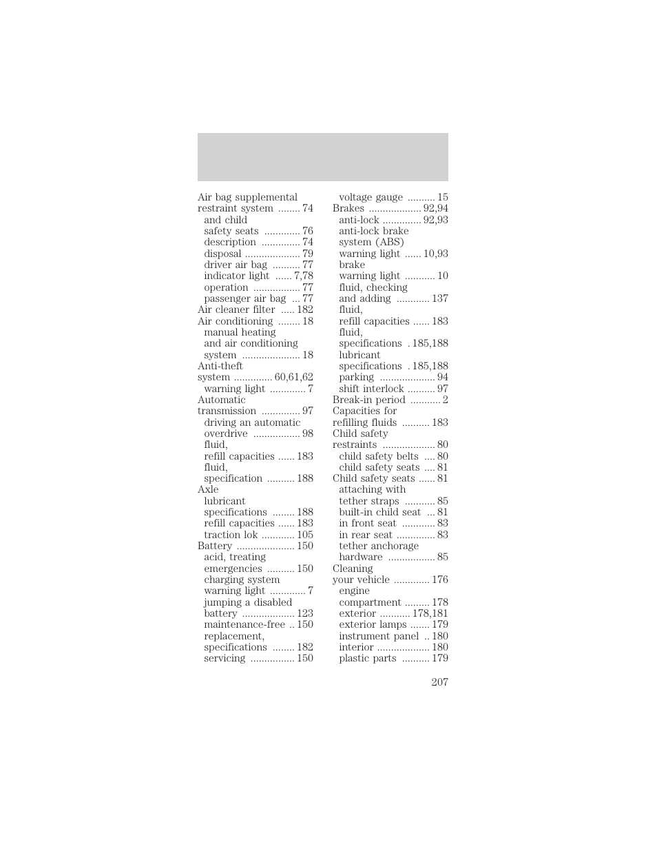 Index | FORD 1999 Mustang User Manual | Page 207 / 216