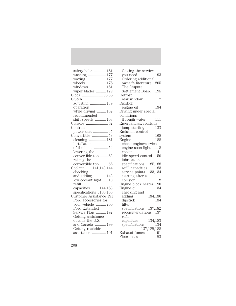 Index | FORD 1999 Mustang User Manual | Page 208 / 216