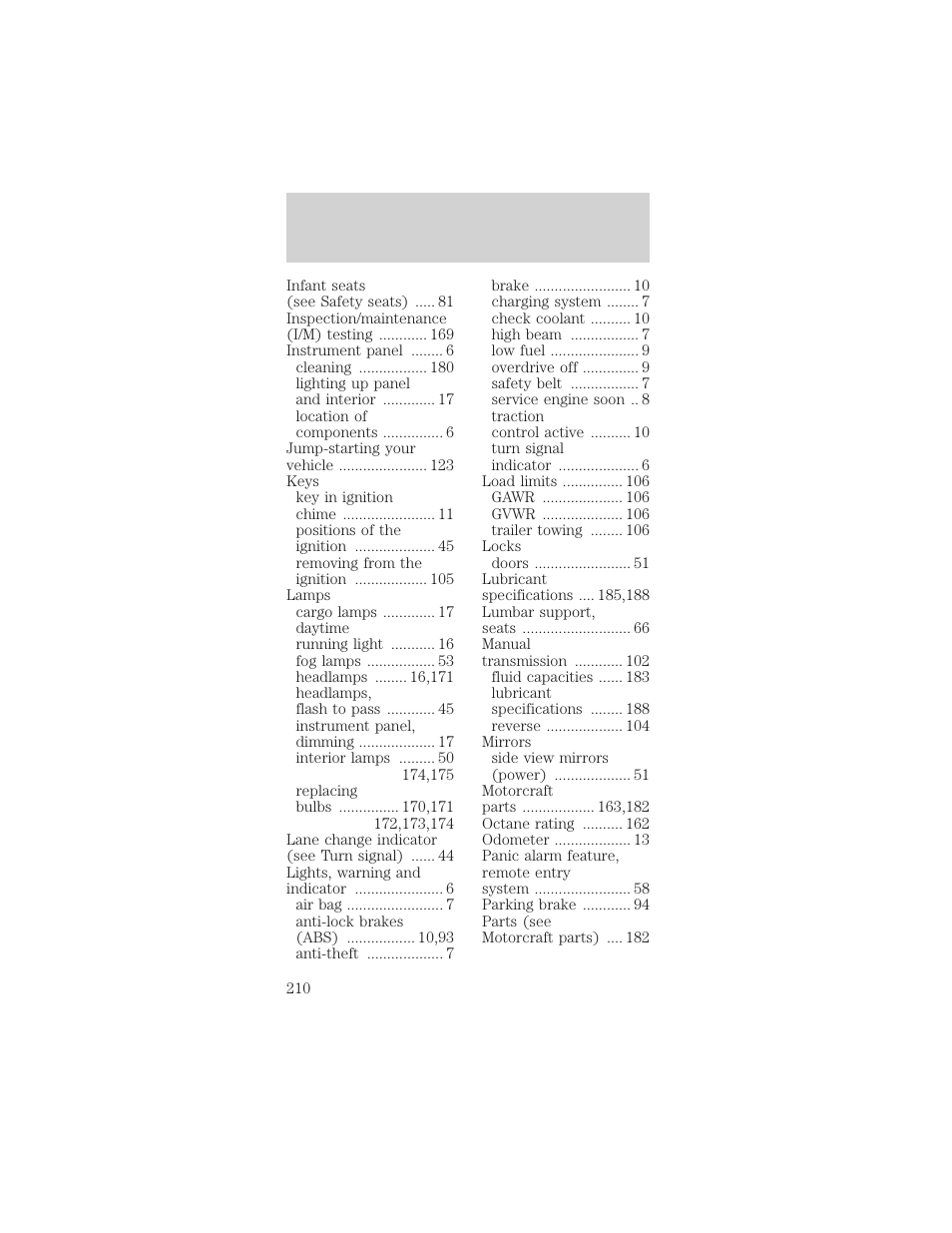 Index | FORD 1999 Mustang User Manual | Page 210 / 216