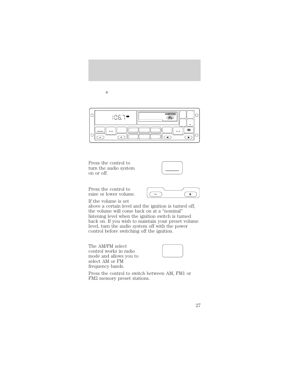 Controls and features, Power, Am/fm | FORD 1999 Mustang User Manual | Page 27 / 216