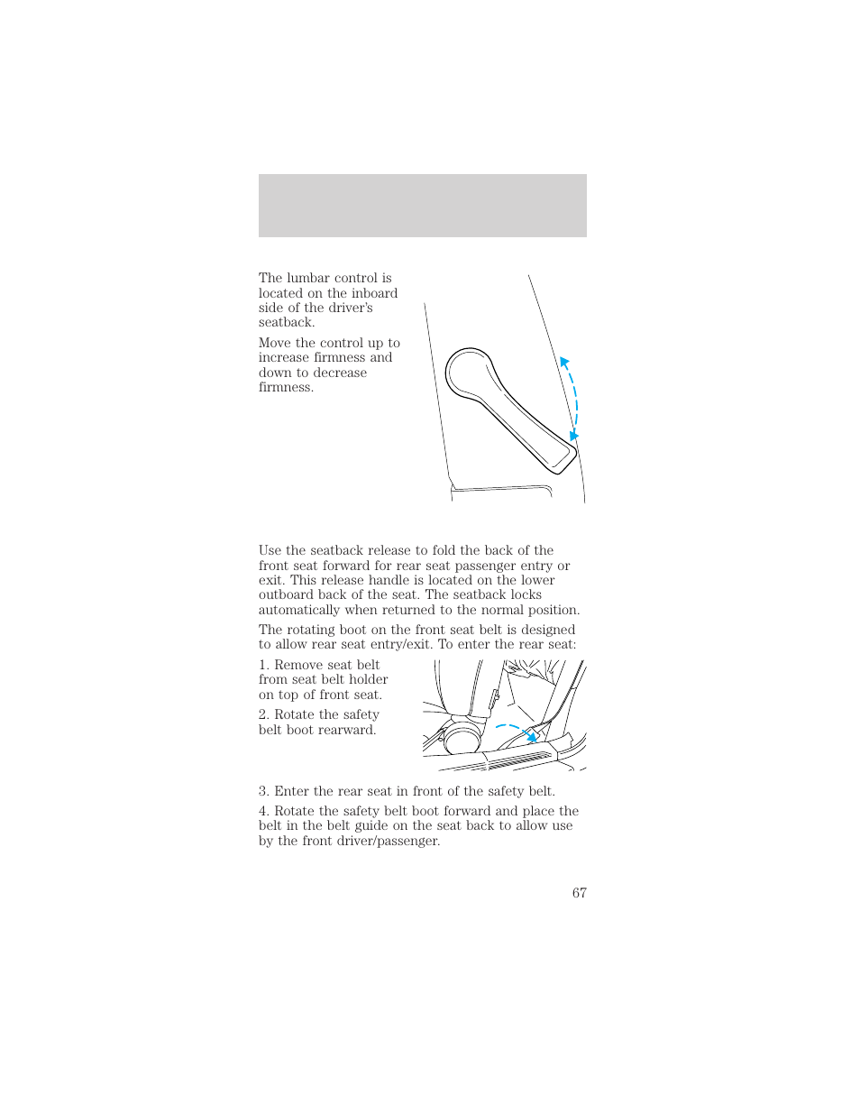 Seating and safety restraints | FORD 1999 Mustang User Manual | Page 67 / 216