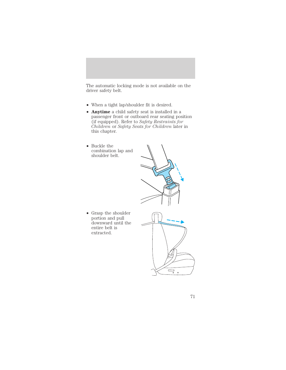 Seating and safety restraints | FORD 1999 Mustang User Manual | Page 71 / 216