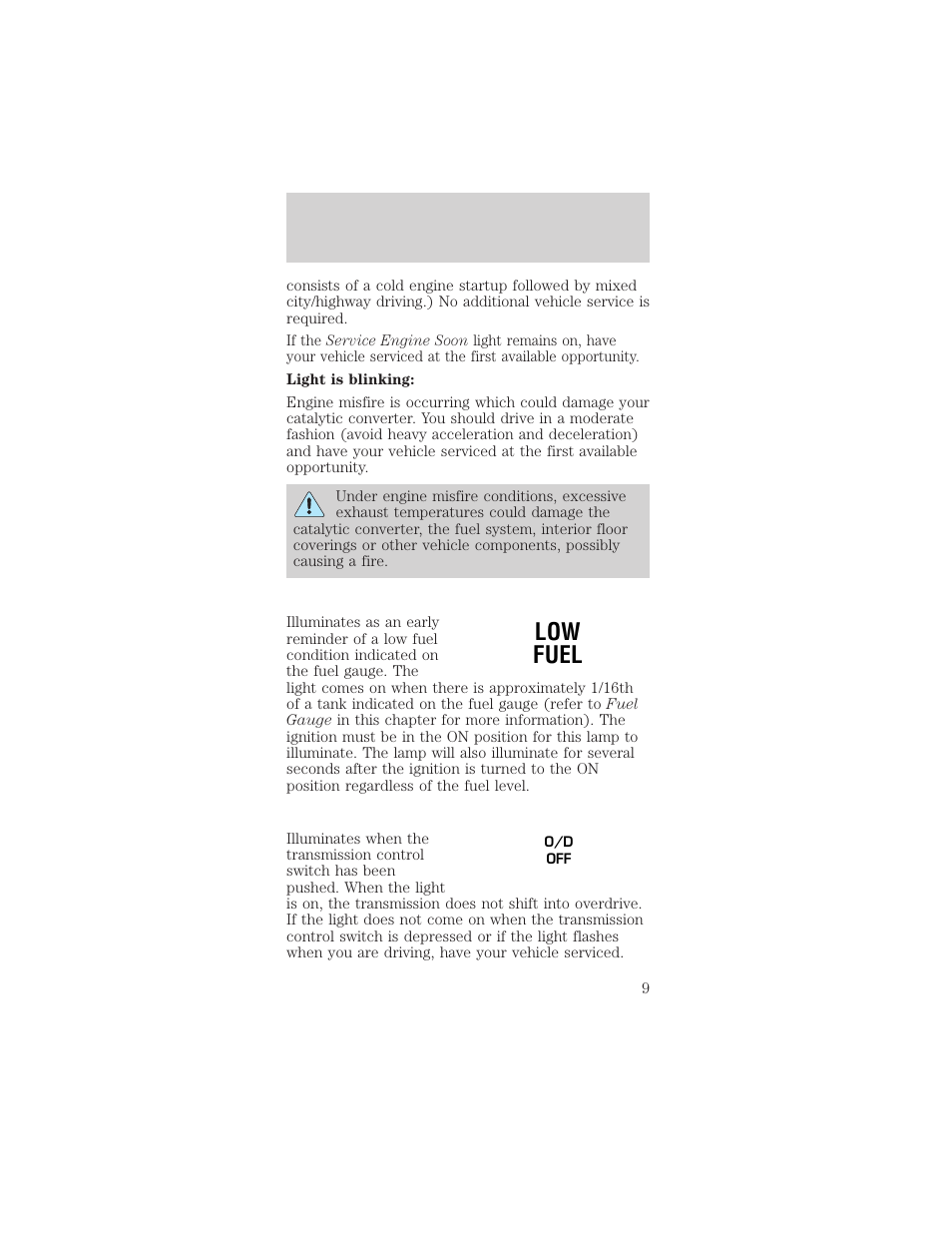 Low fuel, Instrumentation | FORD 1999 Mustang User Manual | Page 9 / 216