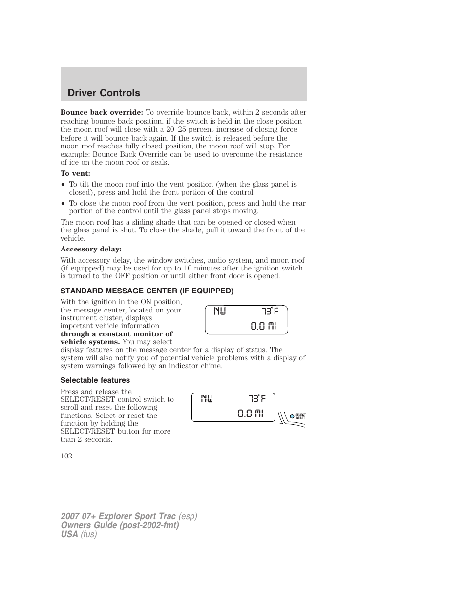Standard message center (if equipped), Selectable features, Message center | Driver controls | FORD 2004 User Manual | Page 102 / 360