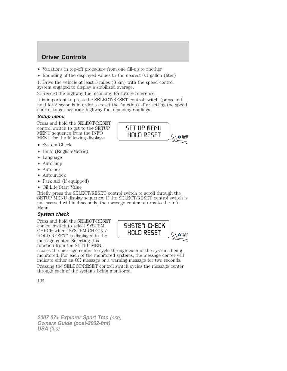 Setup menu, System check, Driver controls | FORD 2004 User Manual | Page 104 / 360